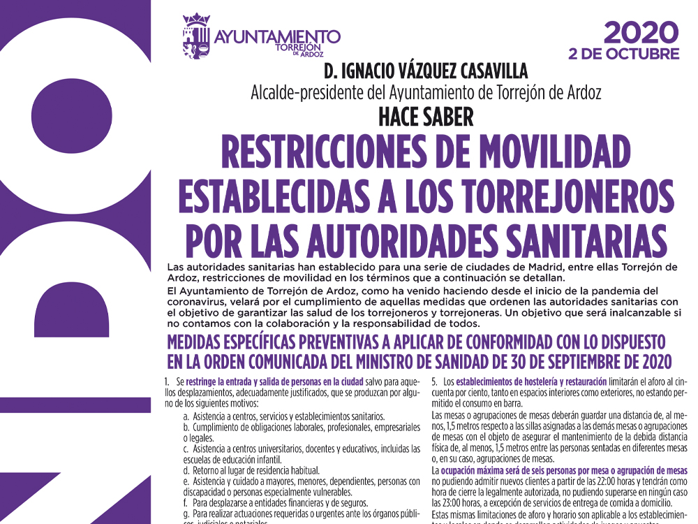 Bando restricciones movilidad en Torrejón de Ardoz
